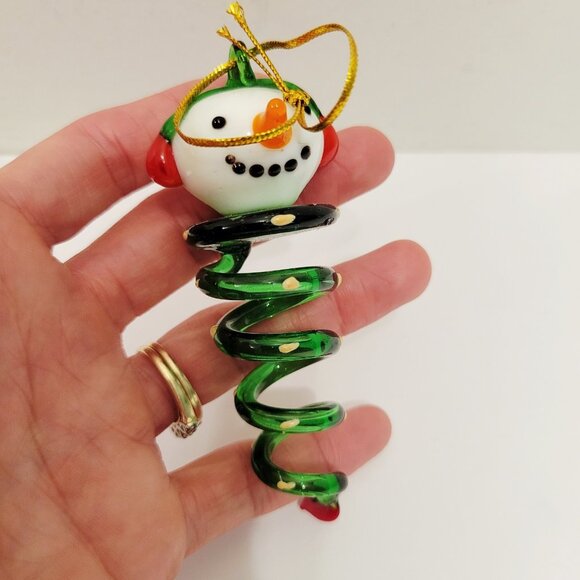 3 Blown Glass Spiral Dangling Snowman Face Top Holiday Christmas Ornaments - Picture 7 of 8